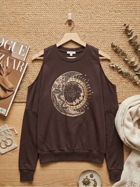 About A Girl Brown Sleeveless Cold-Shoulder Moon Sun Graphic Sweatshirt